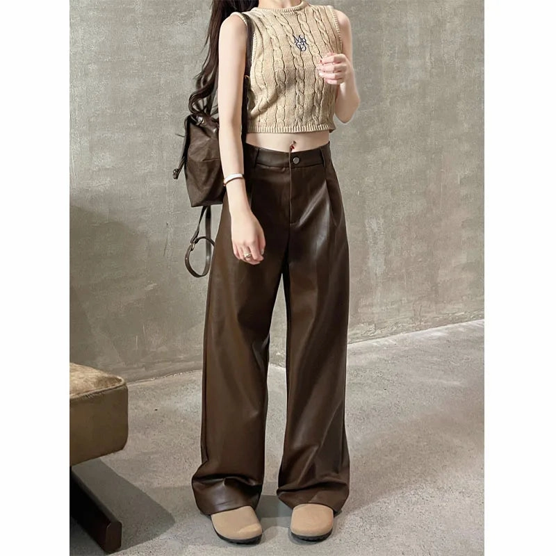Straight Patent Leather Red Streetwear Autumn Casual Womens Pants