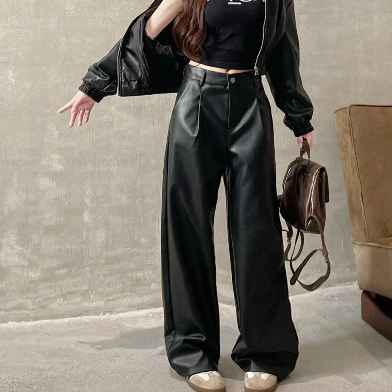 Straight Patent Leather Red Streetwear Autumn Casual Womens Pants