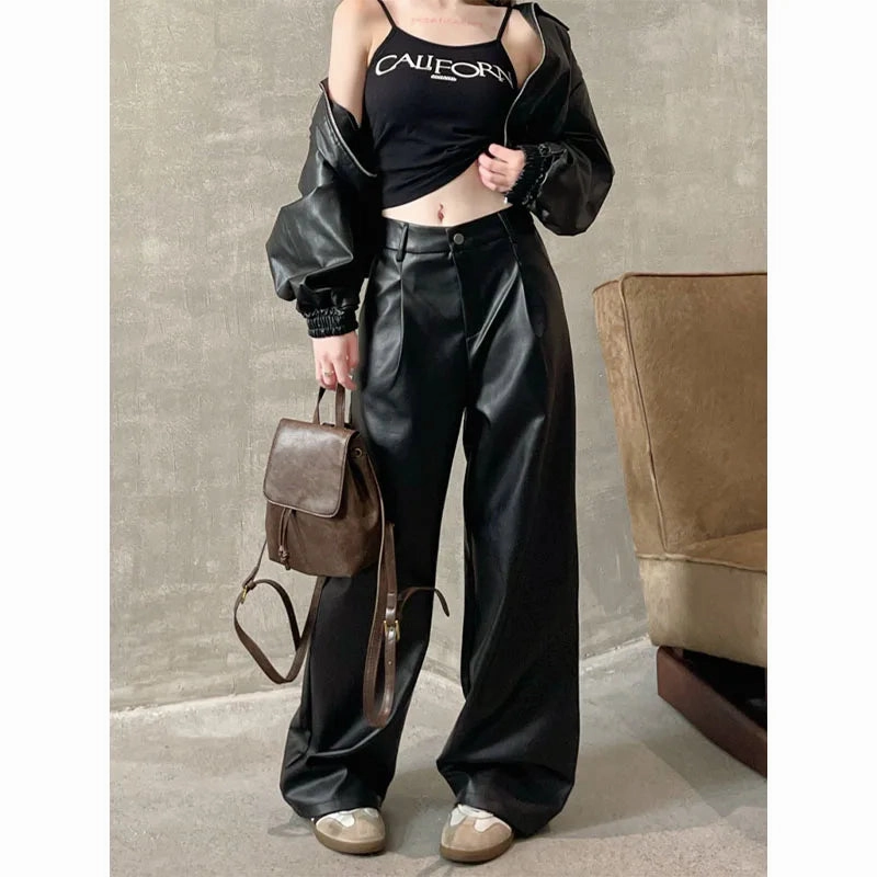 Straight Patent Leather Red Streetwear Autumn Casual Womens Pants