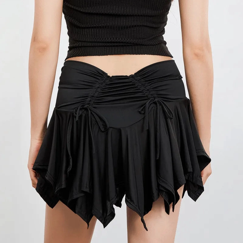 Women Tie-Up Ruffles Ruched Gothic Irregular Summer Color Solid Drawstring Mini Skirt